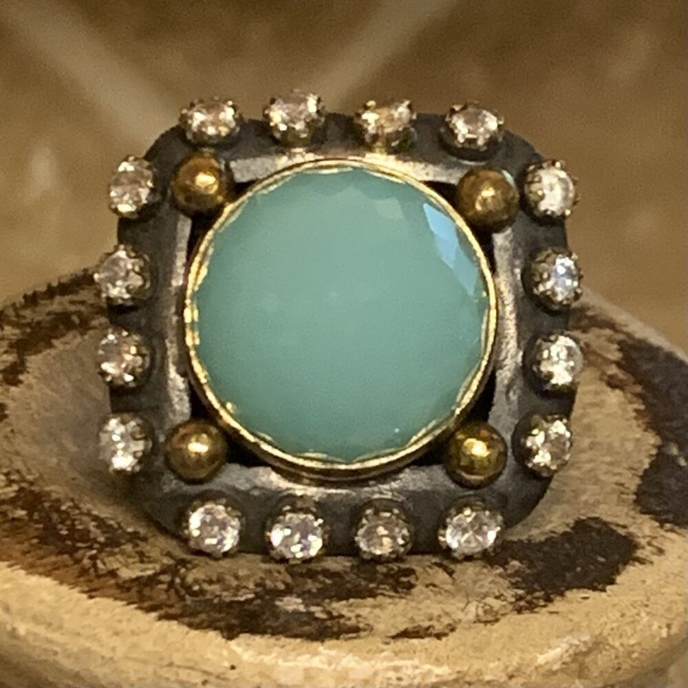 Bora Ring Sz 8 Oxidized Sterling Silver, Blue Chalcedony & White Topaz Statement